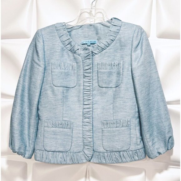 Antonio Melani Sz 4 Blue Linen Blend Ruffled Blazer Jacket Skirt Suit 2pc - Picture 5 of 9